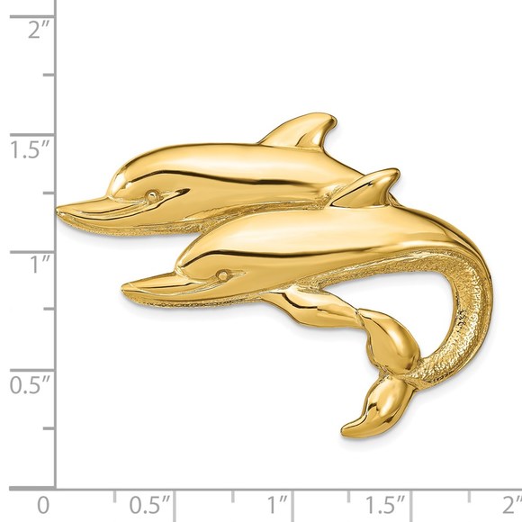 14k Yellow Gold Double Dolphins Necklace Charm Pendant Slide - Picture 3 of 3
